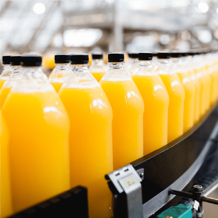 Bottles of juice with orange liquid on production line